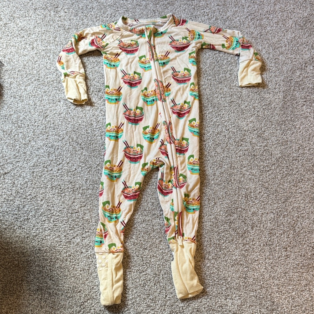 Cream Ramen Print Kids Footed One-Piece Pajama with Zipper